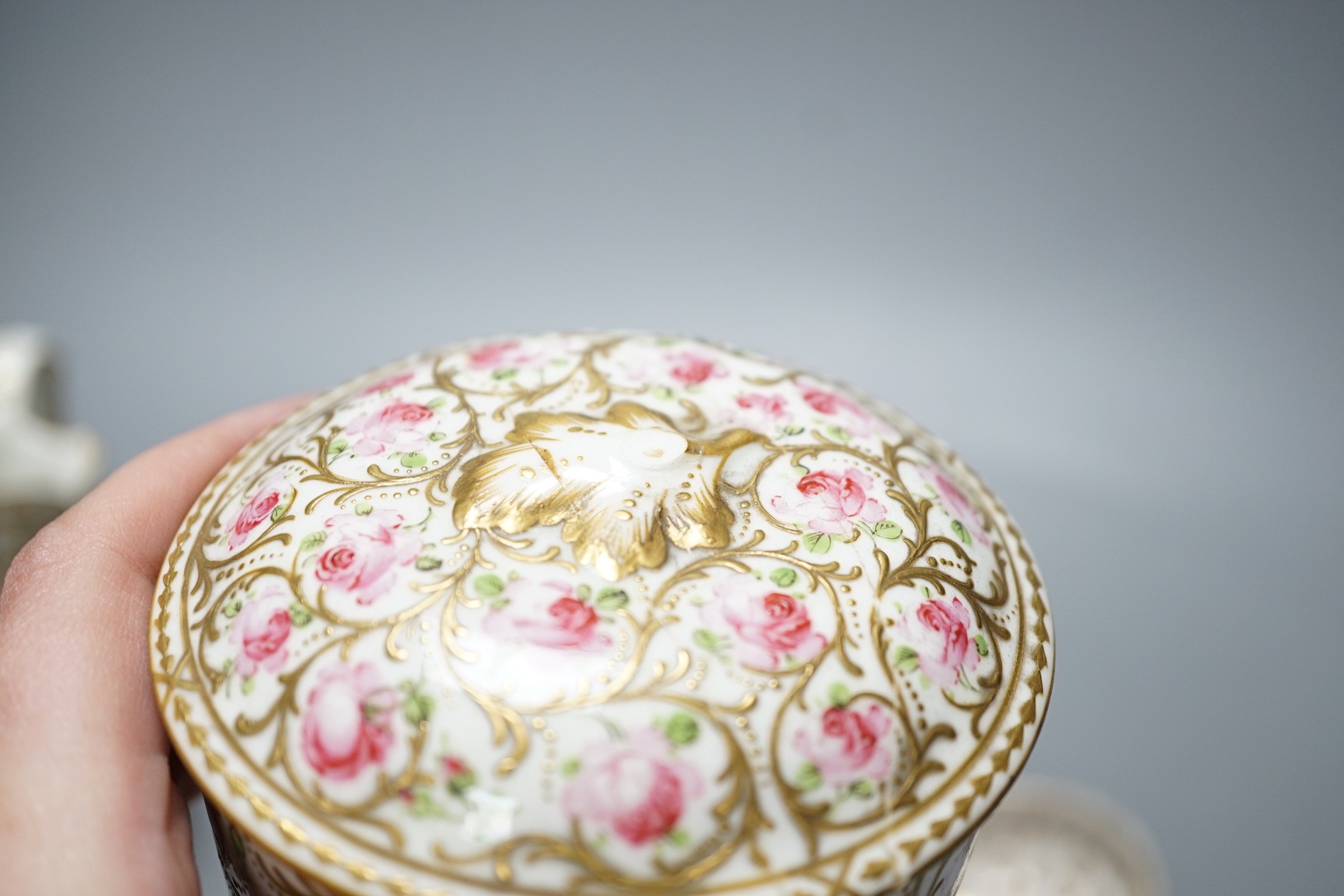 A Vienna porcelain small spittoon, early 19th century, a Sevres style jug, sucrier and pot and a Rudolstadt dish